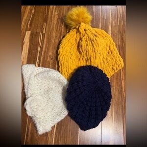 Cozy Knit women Beanie Set - Yellow, Navy, and Cream